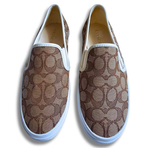 Coach Chrissy Sneakers 9.5 Beige Brown Jacquard Signature C Slip-On Shoes Loafer - Picture 3 of 11